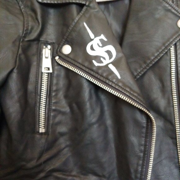 Levi's faux leather bomber jacket painted Saints & Sinners graphic on back.  Med - Picture 4 of 16